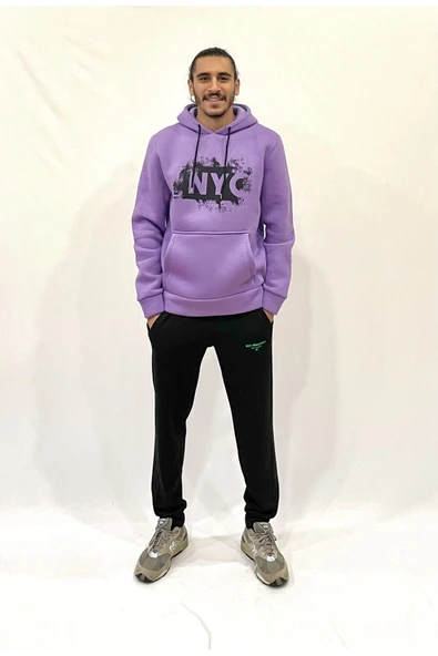 Erkek Kapşonlu Rahat Kalıp İçi Polarlı 3 iplik NYC Baskılı SweatShırt spr24sw09 - 10