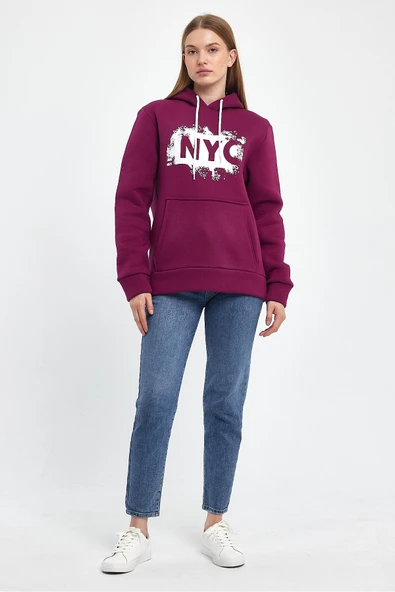 Kadın Kapşonlu Rahat Kalıp İçi Polarlı 3 iplik NYC Baskılı SweatShırt spr24swK09 - 11