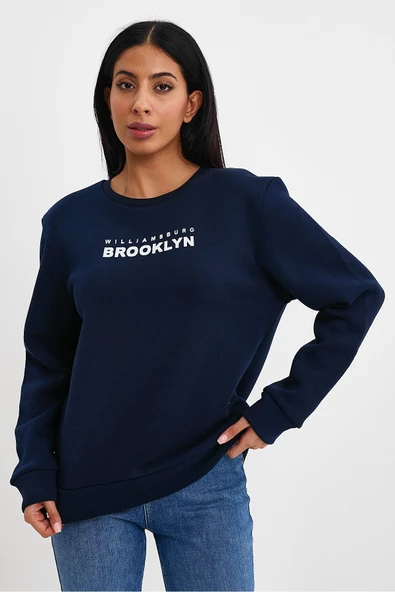 Kadın Bisiklet Yaka Rahat Kalıp 3 iplik Kalın Brooklyn Baskılı Sweatshirt SPR24swk29 - Resim 6