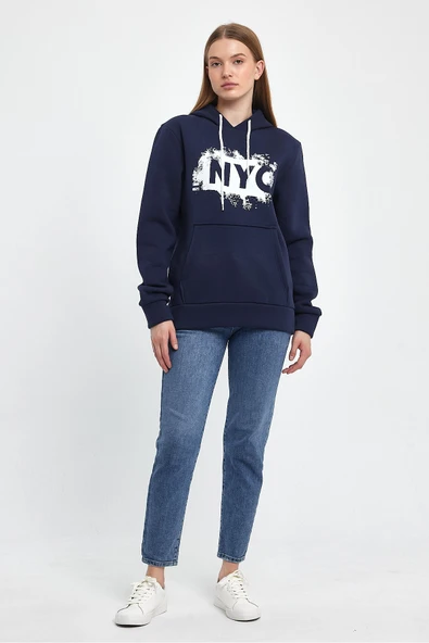 Kadın Kapşonlu Rahat Kalıp İçi Polarlı 3 iplik NYC Baskılı SweatShırt spr24swK09 - 6