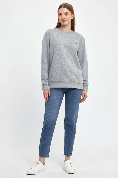 Kadın Bisiklet Yaka Rahat Kalıp 3 iplik Kalın AR Nakışlı Sweatshirt SPR24SWK33 - 9