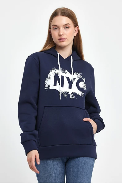 Kadın Kapşonlu Rahat Kalıp İçi Polarlı 3 iplik NYC Baskılı SweatShırt spr24swK09 - 7