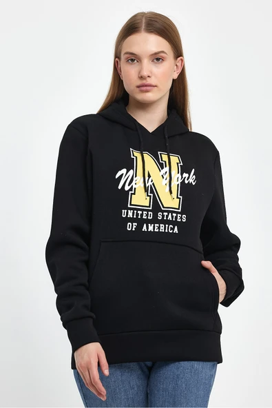 Kadın Kapşonlu Rahat Kalıp İçi Polarlı 3 iplik N Baskılı SweatShırt spr24swK06 - 3