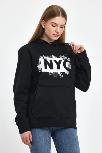 Kadın Kapşonlu Rahat Kalıp İçi Polarlı 3 iplik NYC Baskılı SweatShırt spr24swK09 - 3