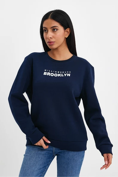 Kadın Bisiklet Yaka Rahat Kalıp 3 iplik Kalın Brooklyn Baskılı Sweatshirt SPR24swk29 - Resim 2