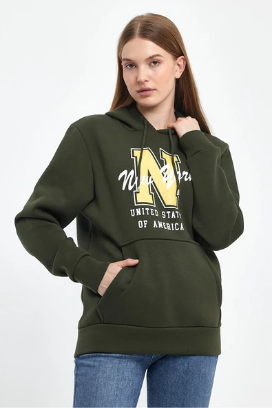 Kadın Kapşonlu Rahat Kalıp İçi Polarlı 3 iplik N Baskılı SweatShırt spr24swK06 - 11