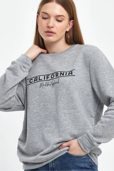 Kadın Bisiklet Yaka Rahat Kalıp 3 iplik Kalın Californıa Baskılı Sweatshirt SPR24SWK32 - 10