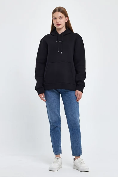 Kadın Kapşonlu Rahat Kalıp İçi Polarlı 3 iplik Orta Brooklyn Baskılı SweatShırt spr24swk13 - Resim 11