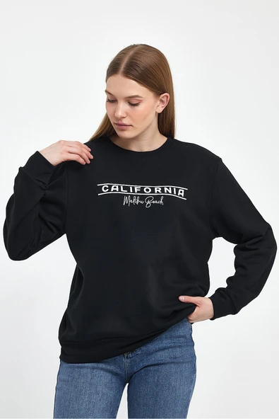 Kadın Bisiklet Yaka Rahat Kalıp 3 iplik Kalın Californıa Baskılı Sweatshirt SPR24SWK32 - 4