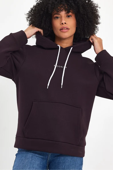 Kadın Kapşonlu Rahat Kalıp İçi Polarlı 3 iplik Orta Brooklyn Baskılı SweatShırt spr24swk13 - Resim 4