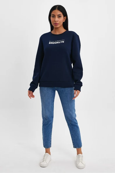 Süperlife Kadın Bisiklet Yaka Rahat Kalıp 3 iplik Kalın Brooklyn Baskılı Sweatshirt SPR24swk29