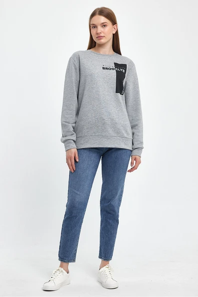 Kadın Bisiklet Yaka Rahat Kalıp 3 iplik Kalın W.Brooklyn Baskılı Sweatshirt SPR24SWK31 - 7