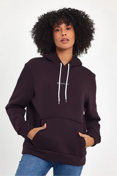 Kadın Kapşonlu Rahat Kalıp İçi Polarlı 3 iplik Orta Brooklyn Baskılı SweatShırt spr24swk13 - Resim 3