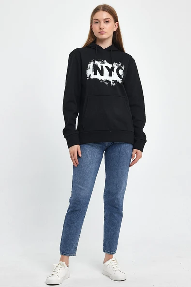Kadın Kapşonlu Rahat Kalıp İçi Polarlı 3 iplik NYC Baskılı SweatShırt spr24swK09 ürün görseli