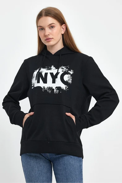 Kadın Kapşonlu Rahat Kalıp İçi Polarlı 3 iplik NYC Baskılı SweatShırt spr24swK09 - 4