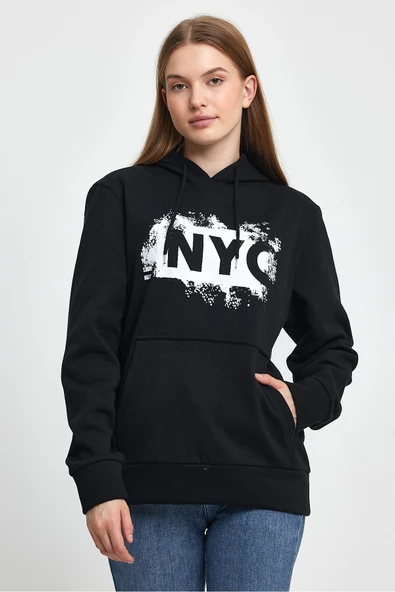Kadın Kapşonlu Rahat Kalıp İçi Polarlı 3 iplik NYC Baskılı SweatShırt spr24swK09 - 2