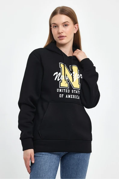 Kadın Kapşonlu Rahat Kalıp İçi Polarlı 3 iplik N Baskılı SweatShırt spr24swK06 - 4