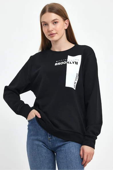 Kadın Bisiklet Yaka Rahat Kalıp 3 iplik Kalın W.Brooklyn Baskılı Sweatshirt SPR24SWK31 - 3