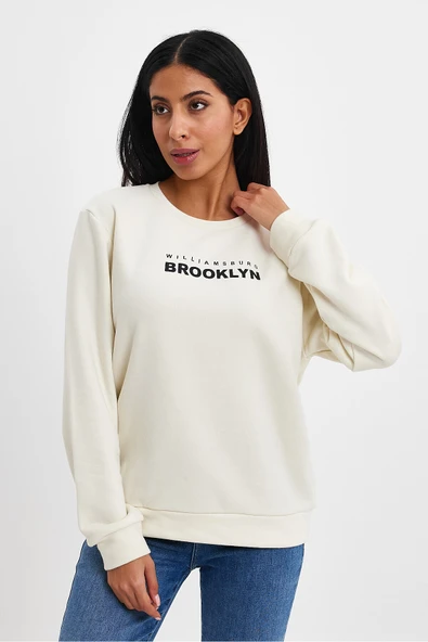 Kadın Bisiklet Yaka Rahat Kalıp 3 iplik Kalın Brooklyn Baskılı Sweatshirt SPR24swk29 - Resim 11