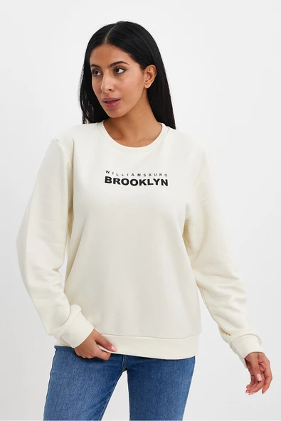 Kadın Bisiklet Yaka Rahat Kalıp 3 iplik Kalın Brooklyn Baskılı Sweatshirt SPR24swk29 - Resim 10