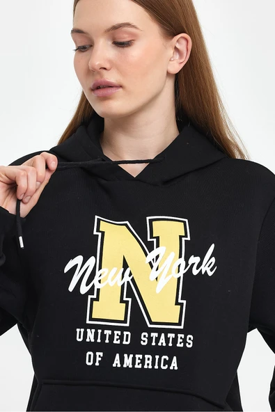 Kadın Kapşonlu Rahat Kalıp İçi Polarlı 3 iplik N Baskılı SweatShırt spr24swK06 - 5