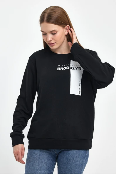 Kadın Bisiklet Yaka Rahat Kalıp 3 iplik Kalın W.Brooklyn Baskılı Sweatshirt SPR24SWK31 - 4