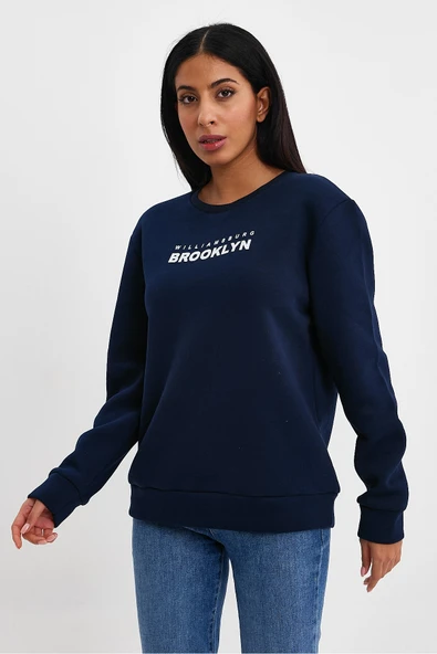 Kadın Bisiklet Yaka Rahat Kalıp 3 iplik Kalın Brooklyn Baskılı Sweatshirt SPR24swk29 - Resim 8