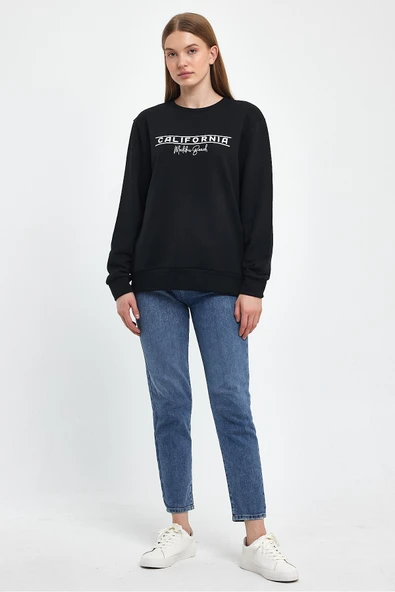 Kadın Bisiklet Yaka Rahat Kalıp 3 iplik Kalın Californıa Baskılı Sweatshirt SPR24SWK32