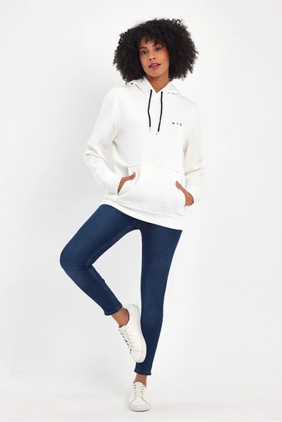 Kadın Kapşonlu Rahat Kalıp İçi Polarlı 3 iplik Air Nakışlı Swetashırt spr24swK07 - 7