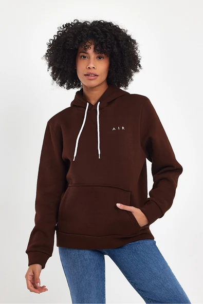 Kadın Kapşonlu Rahat Kalıp İçi Polarlı 3 iplik Air Nakışlı Swetashırt spr24swK07 - 4