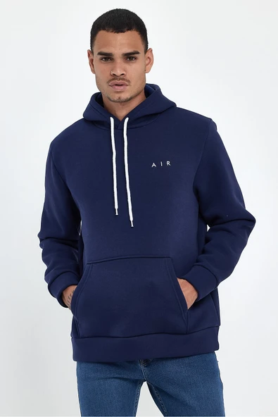 Erkek Kapşonlu Rahat Kalıp İçi Polarlı 3 iplik  Kalın AR Nakışlı Swetashırt spr24sw07 - Resim 10