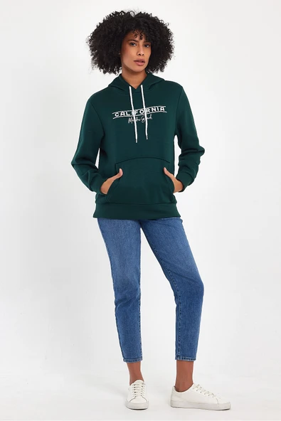 Kadın Kapşonlu Rahat Kalıp İçi Polarlı 3 iplik Californıa Baskılı SweatShırt spr24swk11 - 3