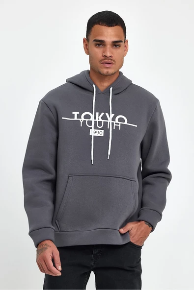 Kapşonlu Rahat Kalıp İçi Polarlı 3 iplik Tokyo Baskılı SweatShırt spr24sw12 - Resim 5