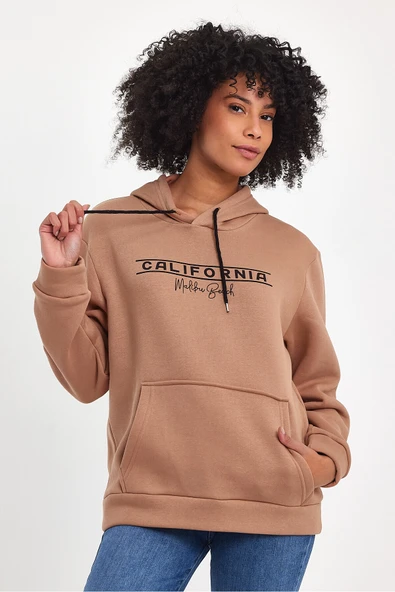 Kadın Kapşonlu Rahat Kalıp İçi Polarlı 3 iplik Californıa Baskılı SweatShırt spr24swk11 - 5