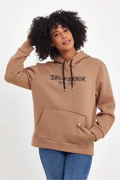 Kadın Kapşonlu Rahat Kalıp İçi Polarlı 3 iplik Californıa Baskılı SweatShırt spr24swk11 - 7