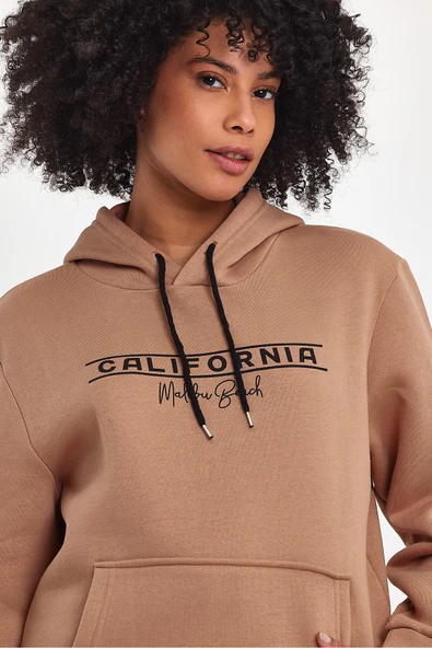 Kadın Kapşonlu Rahat Kalıp İçi Polarlı 3 iplik Californıa Baskılı SweatShırt spr24swk11 - 6