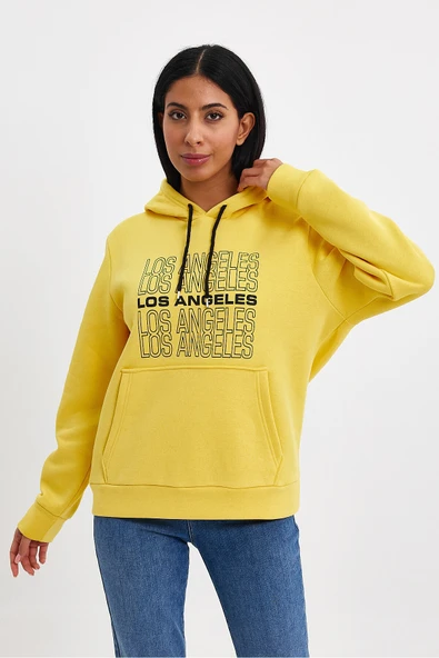 Kadın Kapşonlu Rahat Kalıp İçi Polarlı 3 iplik  Los Angeles Baskılı SweatShırt spr24swK10 - Resim 7