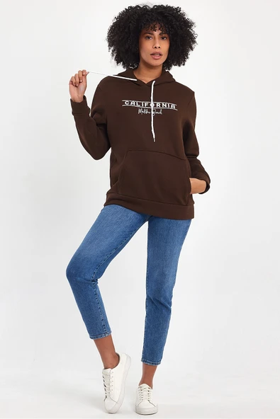 Kadın Kapşonlu Rahat Kalıp İçi Polarlı 3 iplik Californıa Baskılı SweatShırt spr24swk11 ürün görseli