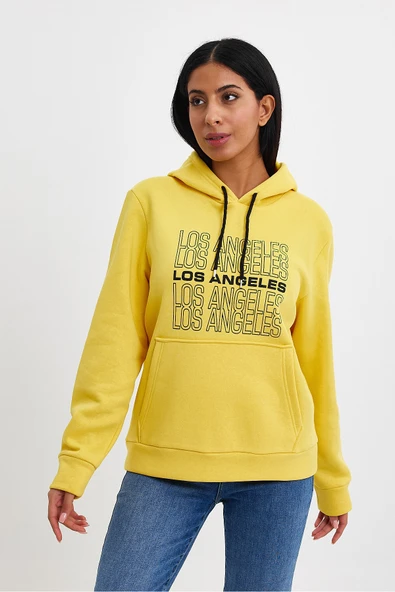 Kadın Kapşonlu Rahat Kalıp İçi Polarlı 3 iplik  Los Angeles Baskılı SweatShırt spr24swK10 - Resim 4