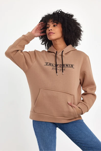 Kadın Kapşonlu Rahat Kalıp İçi Polarlı 3 iplik Californıa Baskılı SweatShırt spr24swk11 - 8