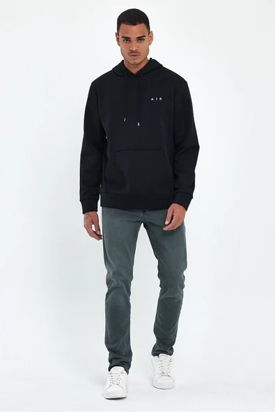 Erkek Kapşonlu Rahat Kalıp İçi Polarlı 3 iplik  Kalın AR Nakışlı Swetashırt spr24sw07 ürün görseli 1