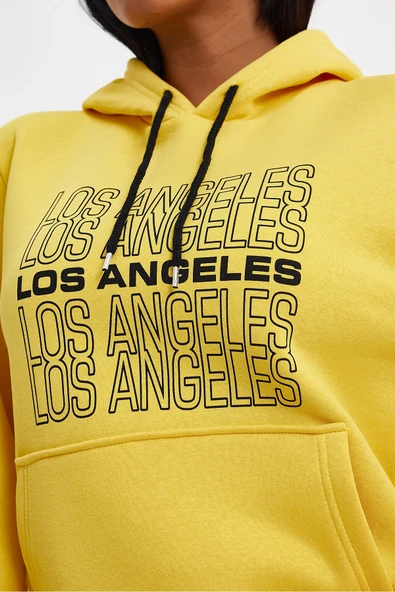 Kadın Kapşonlu Rahat Kalıp İçi Polarlı 3 iplik  Los Angeles Baskılı SweatShırt spr24swK10 - Resim 5