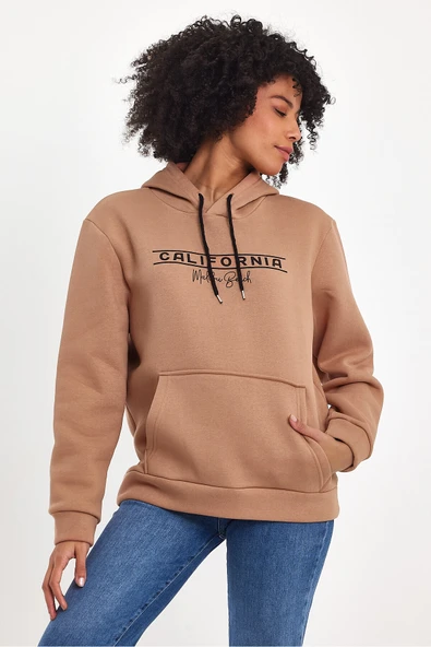 Kadın Kapşonlu Rahat Kalıp İçi Polarlı 3 iplik Californıa Baskılı SweatShırt spr24swk11 - 9