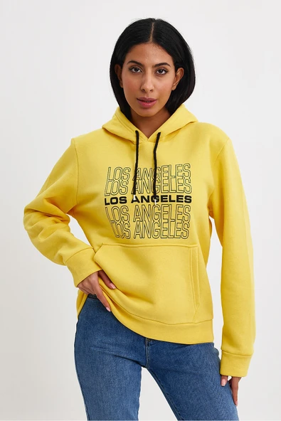 Kadın Kapşonlu Rahat Kalıp İçi Polarlı 3 iplik  Los Angeles Baskılı SweatShırt spr24swK10 - Resim 3