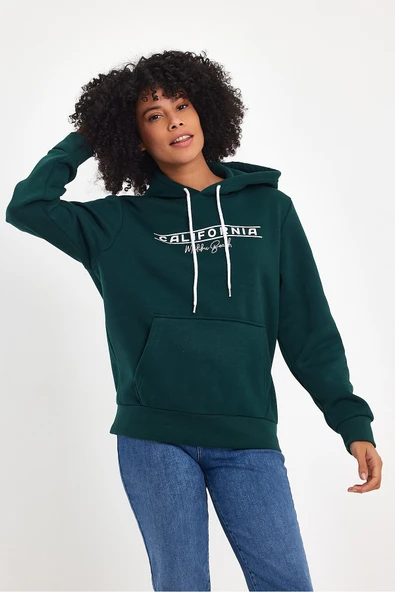 Kadın Kapşonlu Rahat Kalıp İçi Polarlı 3 iplik Californıa Baskılı SweatShırt spr24swk11 - 11