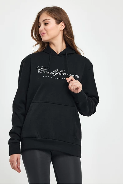 Süperlife Kadın Kapşonlu Rahat Kalıp İçi Polarlı 3 iplik Californıa Baskılı Swetashırt spr24swk03 - 5