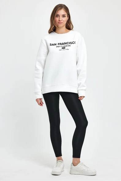 Kadın Bisiklet Yaka Rahat Kalıp İçi Polarlı 3 iplik San Francisco Baskılı Swetashırt Spr24swk27 - 7