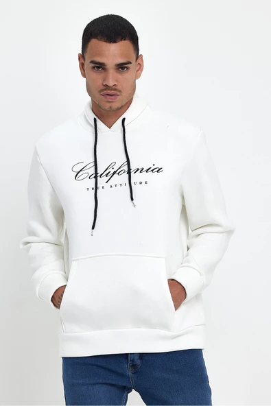 Erkek Kapşonlu Rahat Kalıp İçi Polarlı 3 iplik EL Yazılı Californıa Baskılı Swetashırt spr24sw03 - 11