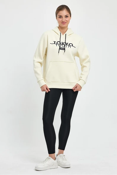 Kadın Kapşonlu Rahat Kalıp İçi Polarlı 3 iplik Tokyo Baskılı Swetashırt Spr24swk12 - Resim 8