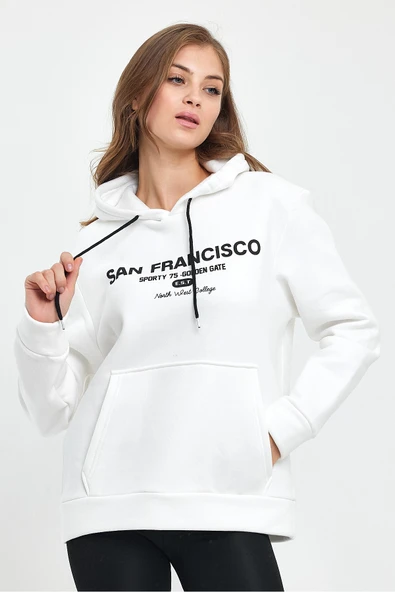 Süperlife Kadın Kapşonlu Rahat Kalıp İçi Polarlı 3 iplik Kanguru Cepli San Francisco Baskılı Swetashırt Spr24swk02 - Resim 6